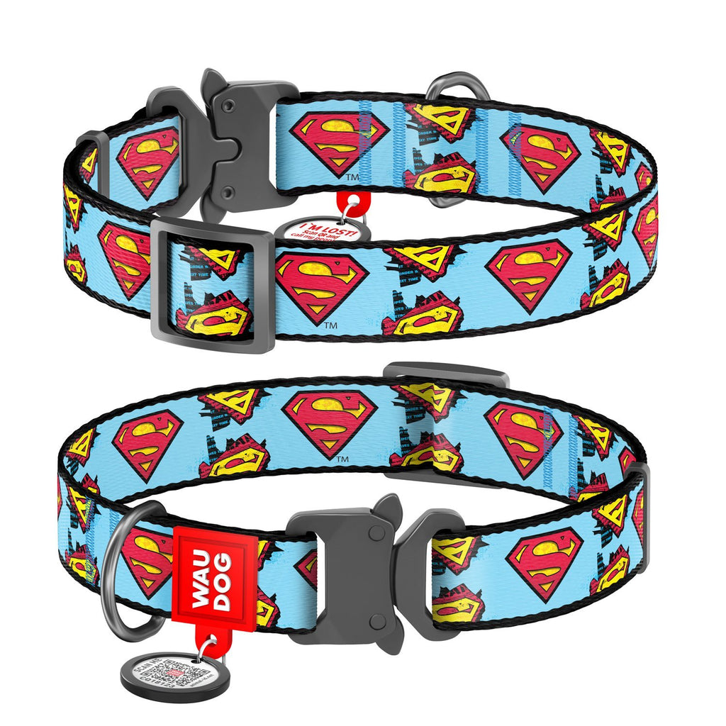 Collar Superman DC Comics con hebilla-fastex de metal - Etiqueta QR y Aplicación ¡GRATIS! - Pet Brands