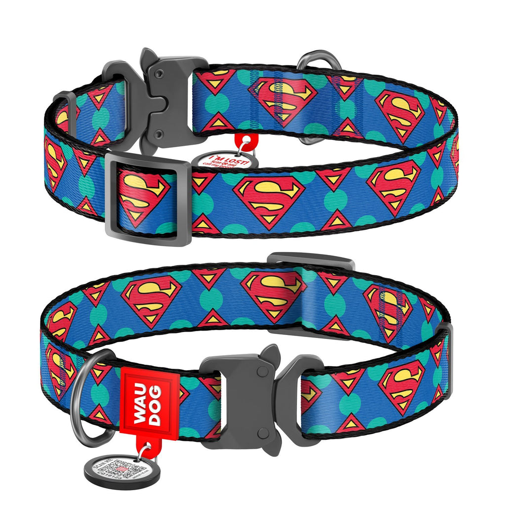 Collar Superman Logo DC Comics con hebilla-fastex de metal - Etiqueta QR y Aplicación ¡GRATIS! - Pet Brands